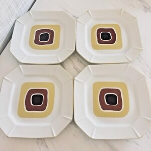Vintage MCM Retro Abstract Square Yellow Brown Black 7.5" Dessert Plate Lot of 4